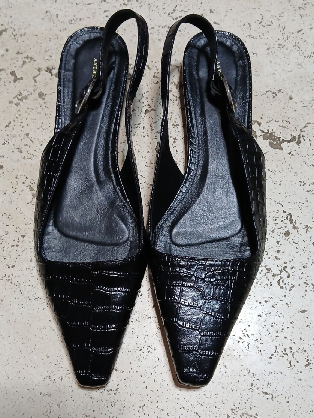 Anthropologie Black Croc-Embossed Slingback Pointed Mules Size 38